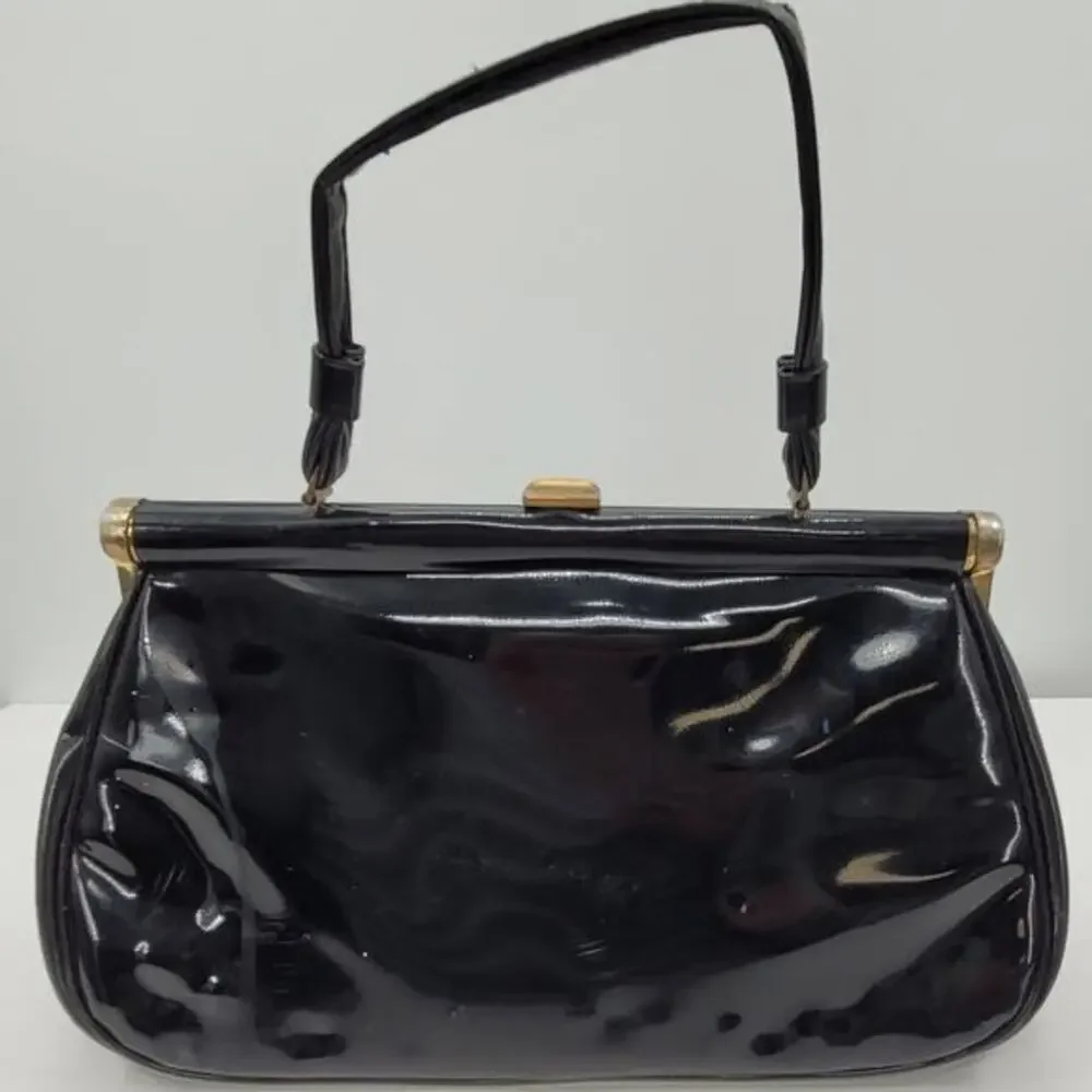Vintage‎ 50s Patent Leather Vinyl Top Handle Clasp Frame Satchel Handbag Purse